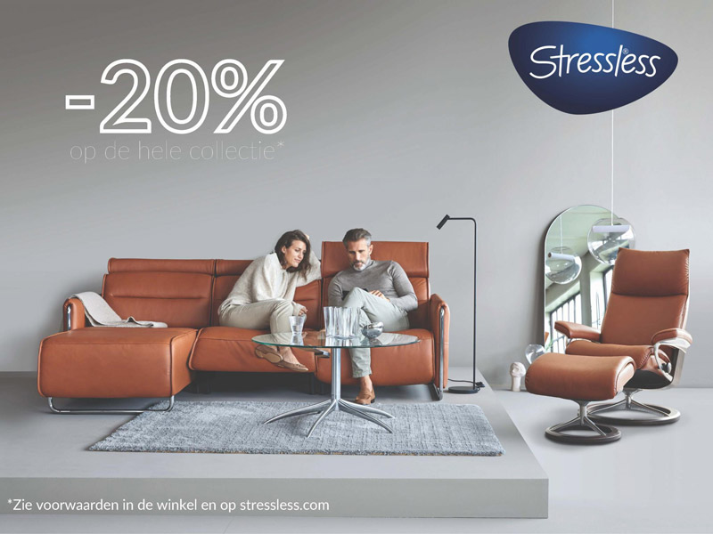 20 op de volledige stresslesscollectie Promoties Reno. Meubelen